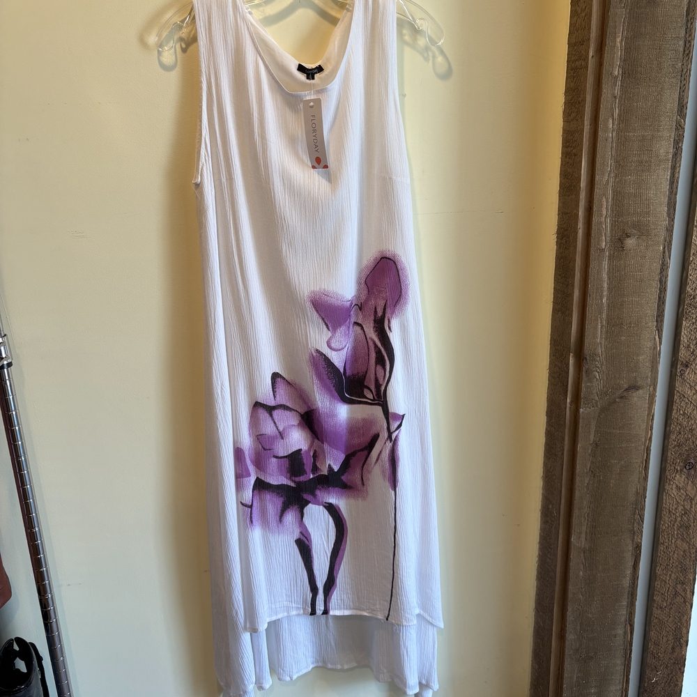 Elegant White and Purple Floral Dress